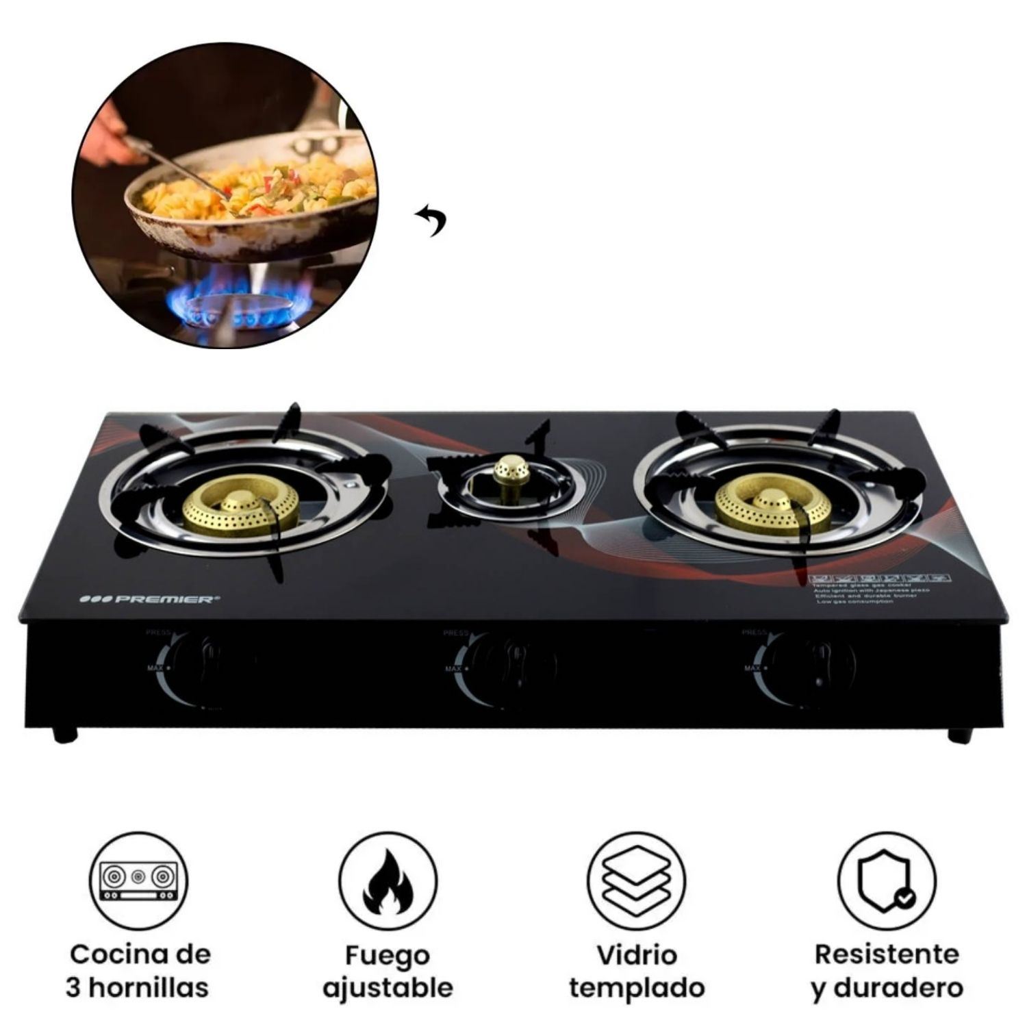 Cocina a Gas Genérico 3 Hornillas Vidrio Templado